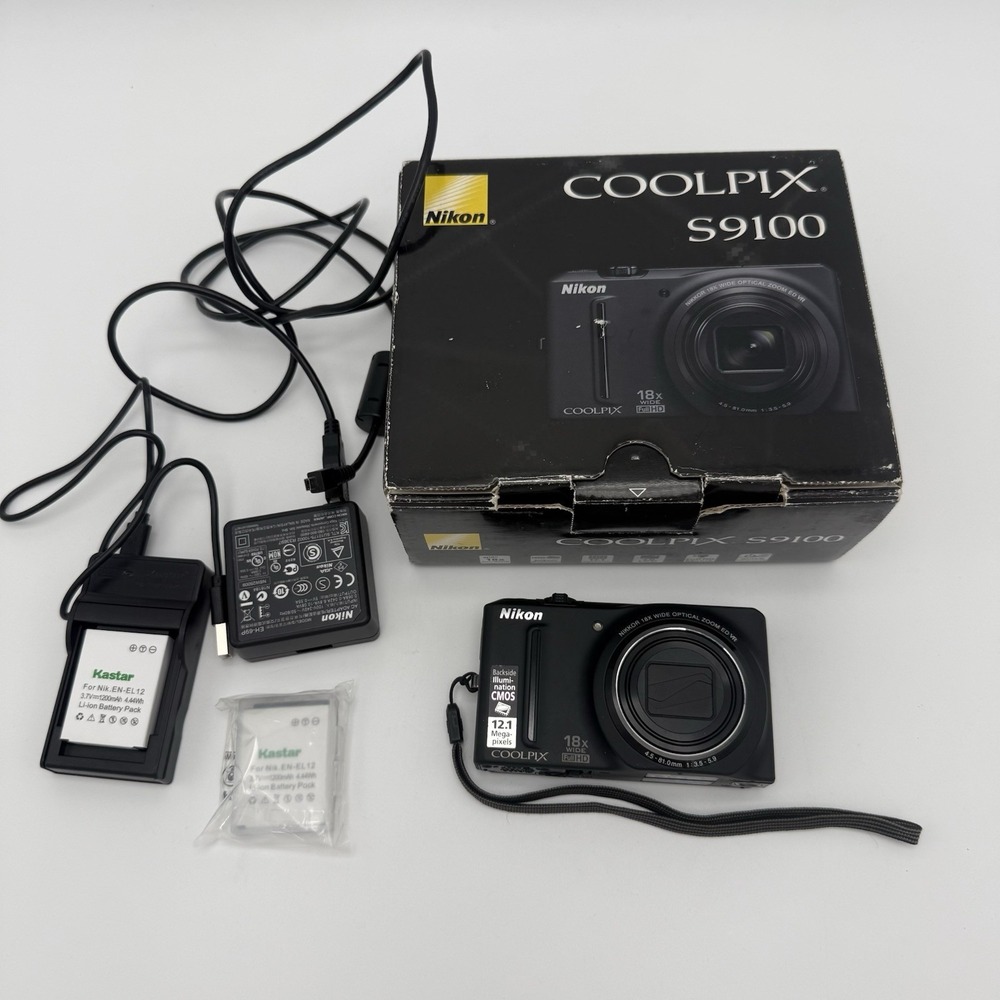 Nikon Coolpix S9100 12.1MP Digital Camera 18x Zoom Black Box Batteries